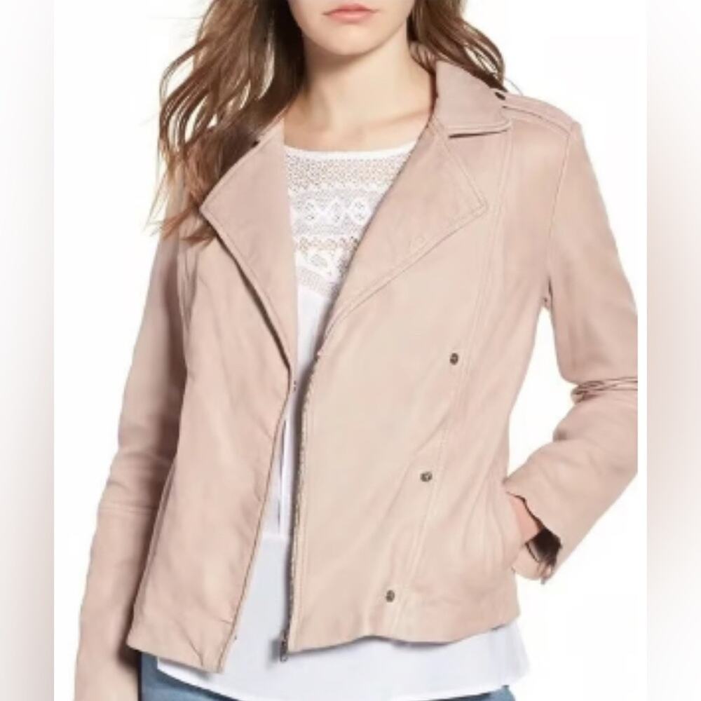 Hinge Real Leather Moto Jacket Beige Morn Size 1